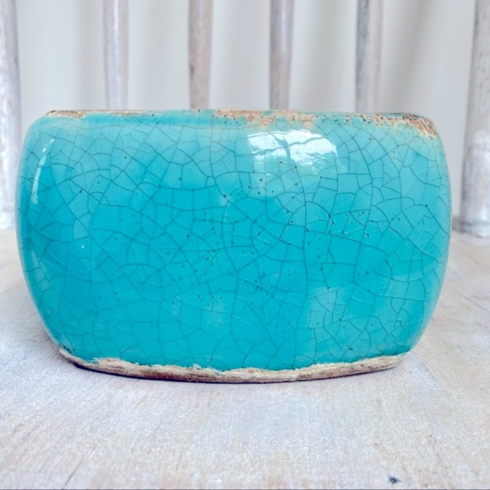 Turquoise Crackle Glaze Terracotta Square Planter Excellent Condition